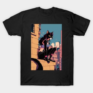 cat lady sitting on the building T-Shirt